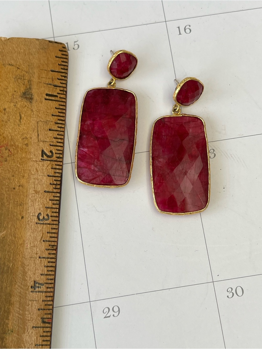 Gold-Trim Ruby Red Faceted Quartz Drop Earrings - Women Jewelry